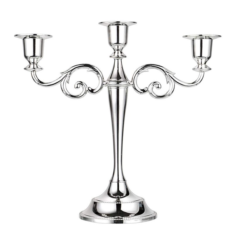 OwnMy 3 Arms Metal Candelabra Candlestick Silver European Elegant Candle Holder Candle Stand for Wedding Dining Table Christmas Party Home Decoration (Silver Tone) - Image 1